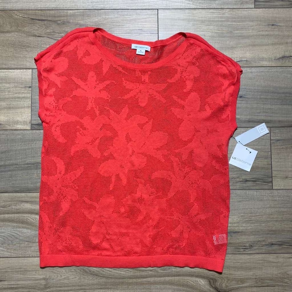 Liz Claiborne‎ Womens Open Knit Floral Short Sleeve Top Size XL Coral